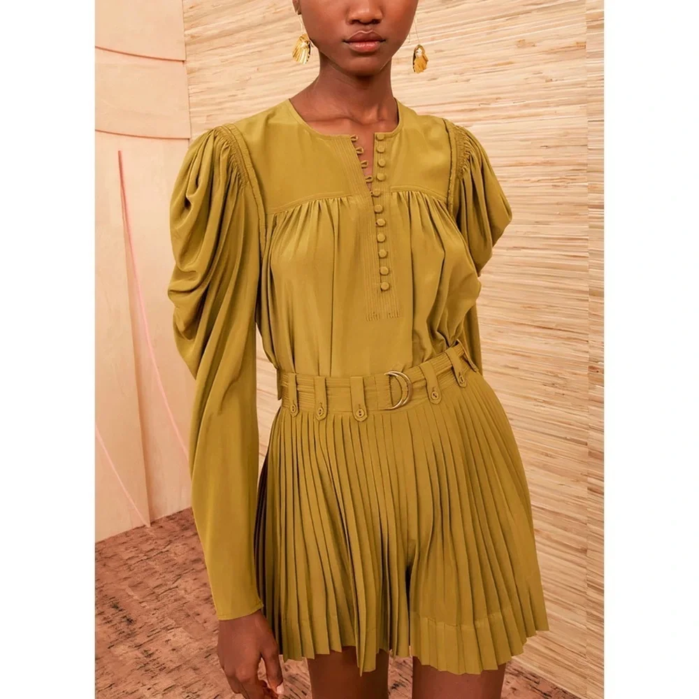 Ulla Johnson Silk Long-Sleeve Green Button-Front Lela Blouse